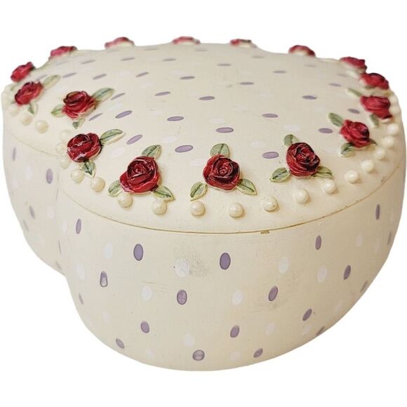 Vintage Large Heart Shaped Lidded Trinket Box With 3D Flowers Hand Painted - Picture 5 of 14